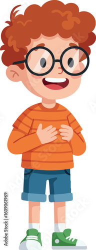 Red Haired Boy Wearing Glasses and Orange Striped Sweater Smiling Cheerfully Vector Illustration