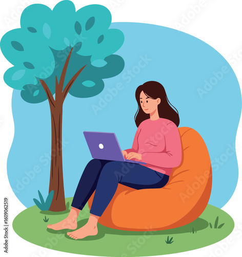 Woman working on laptop sitting on orange bean bag under tree outdoor leisure activity vector illustration