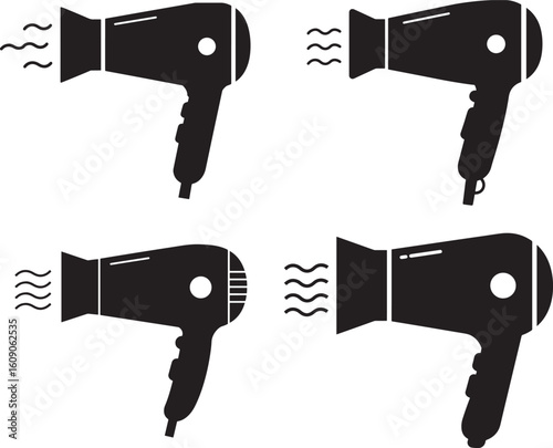 Four black hair dryer icons with wavy lines representing heat silhouette