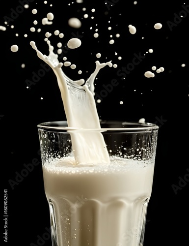 Dynamic splash of white milk captured mid-air in a clear glass, isolated on a black background with sharp contrast.

