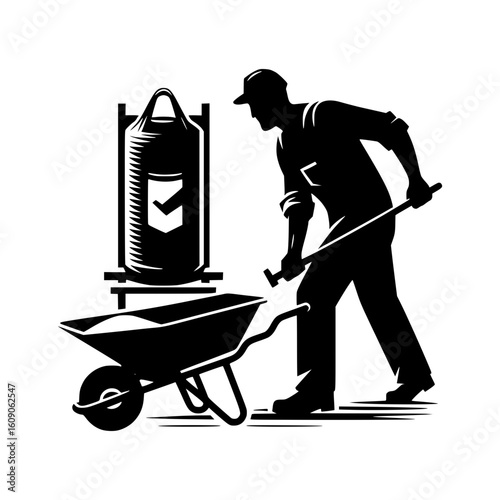 Construction worker loading wheelbarrow with sand next to a large tank