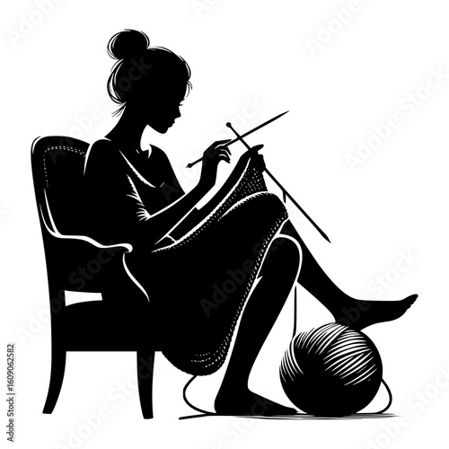 Silhouette of a woman knitting comfortably in a chair with a ball of yarn