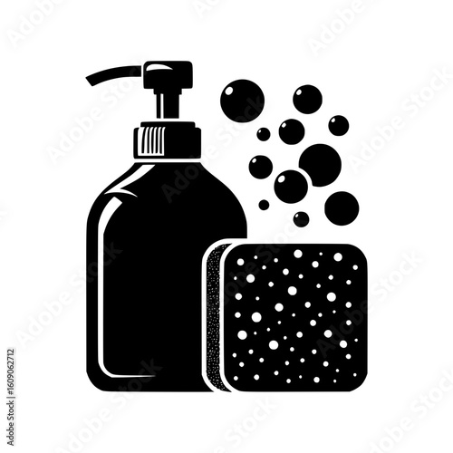Black silhouette of a soap dispenser with bubbles and a sponge