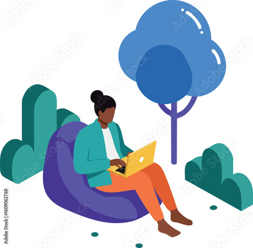 Woman working on laptop outdoors sitting on purple bean bag with blue tree and green bushes in vector style