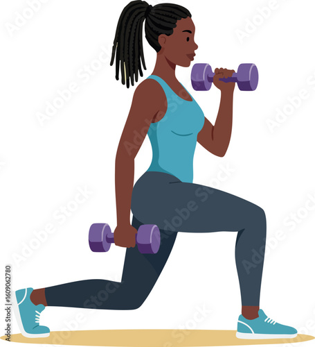Woman exercising with dumbbells doing lunges for fitness and strength training in activewear