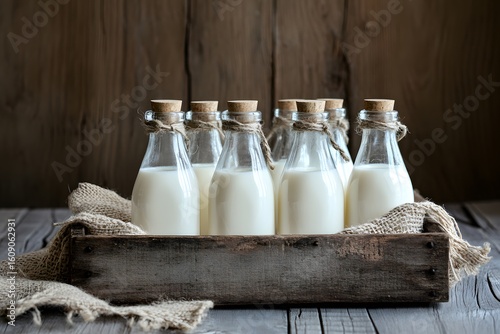Glass bottles of milk in a vintage wooden tray placed on a rustic, textured surface with natural lighting.

