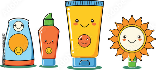 Cartoon sun protection product set with smiling faces