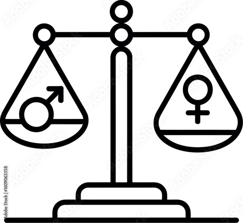A line art illustration depicting a balance scale with male and female symbols in each pan showing imbalance