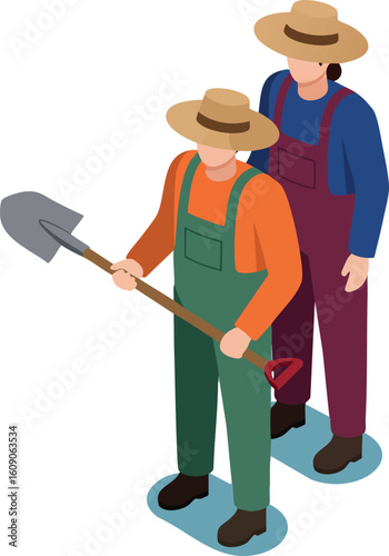 Two male farmers in hats working with shovel in farm field agricultural labor concept vector illustration