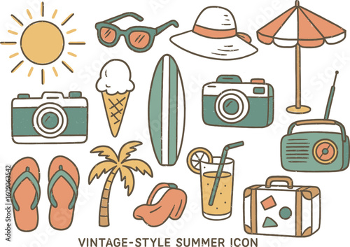Colorful Summer Vacation Doodle Icon Set Vector Illustration