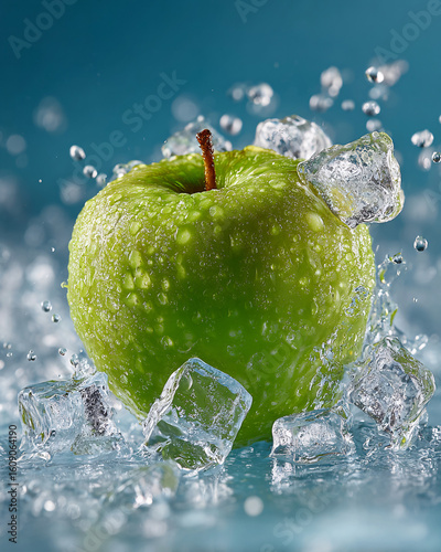 cold water splash around a crisp green apple with floating ice cubes, droplets in motion, bright and vibrant studio lighting.