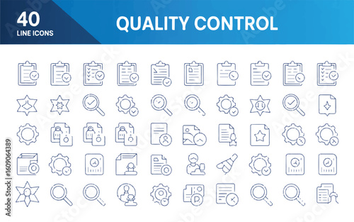 A set of 40 quality control line icons arranged in 5 rows on a white background.