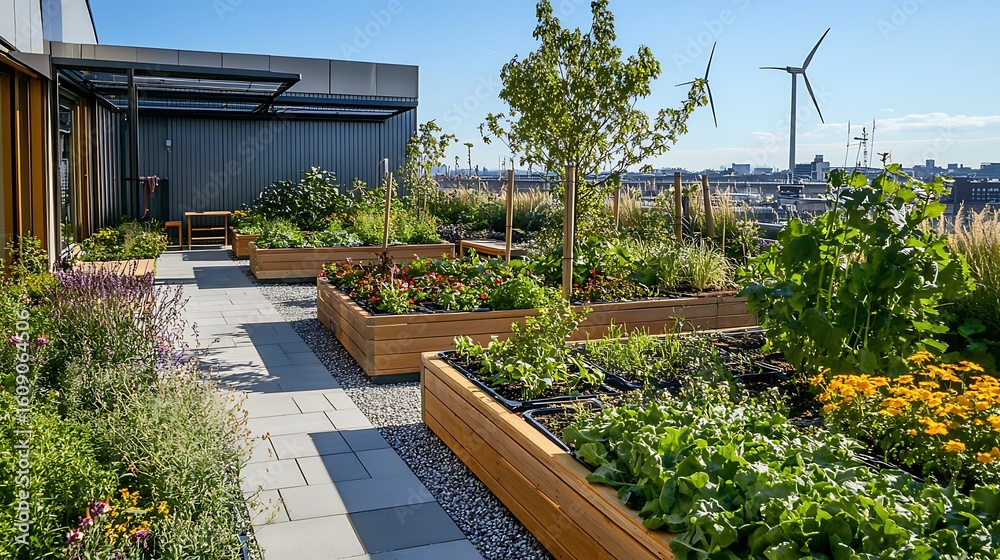 Obraz premium urban rooftop garden with thriving plants for sustainable living oasis above city buildings green space eco lifestyle modern nature integration concept.