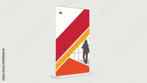 Modern retractable banner display with bold graphic design and a silhouetted figure.