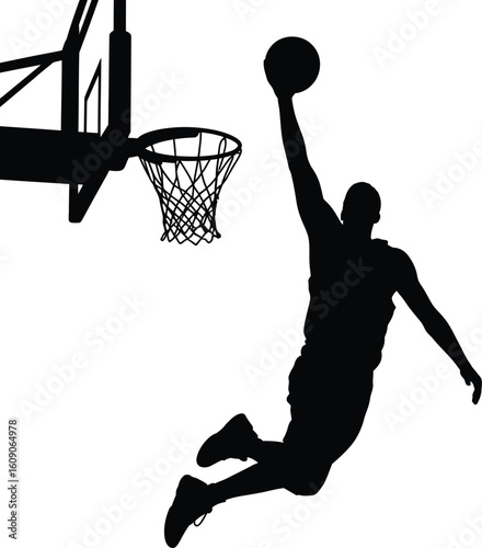 Black silhouette of basketball player dunking action