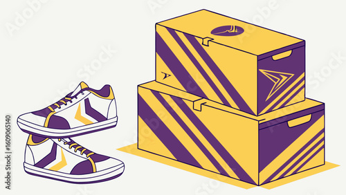 Pair of shoes and stacked shipping boxes in a graphic design.