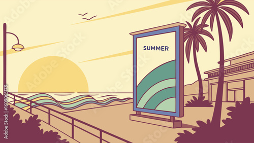 Retro beach scene with a summer advertisement billboard.