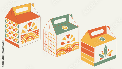 Three colorful take-out containers with vibrant geometric and nature-inspired designs.