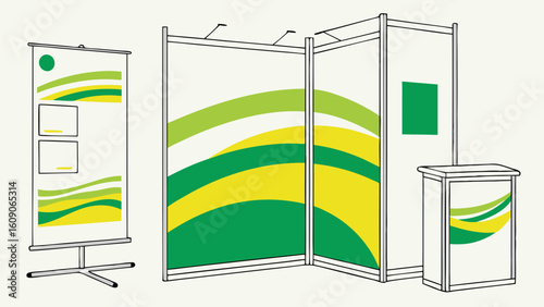 Illustration of various exhibition display stands, showcasing promotional graphics and branding elements.