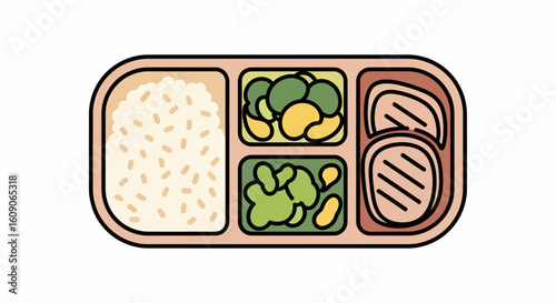 Bento Box Illustration: Rice, Vegetables, and Grilled Meat in Compartments