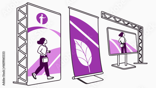 Three different types of promotional displays, showing people interacting with them.