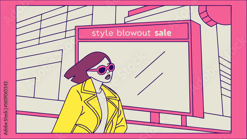 Stylish woman in a yellow jacket,  observing a style blowout sale sign in a city street.