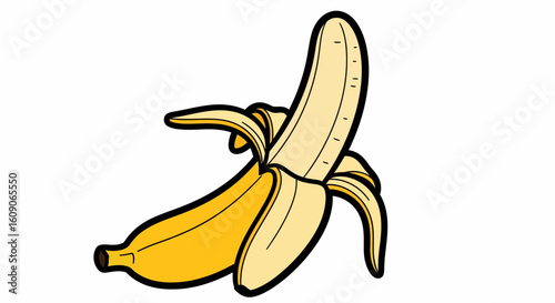 Cartoon Banana Partially Peeled, Showing Yellow Fruit and Peel