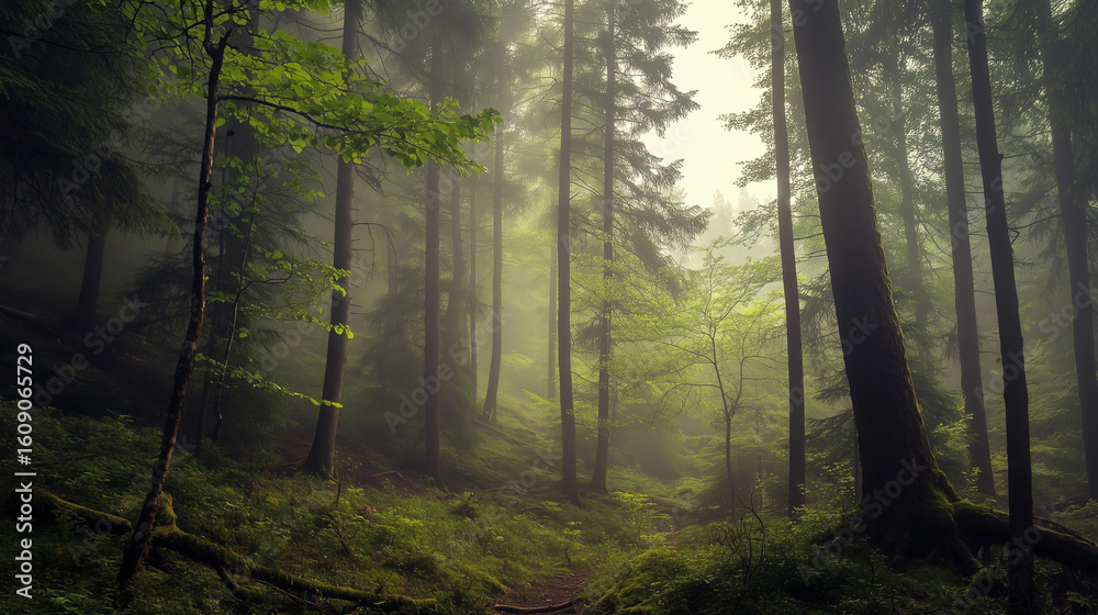 Fototapeta premium Green forest environment. Beautiful Forest