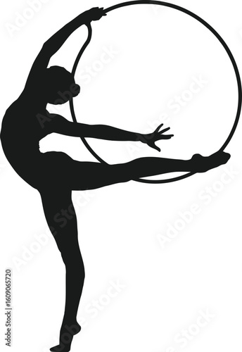 Female gymnast balancing with hoop silhouette one leg