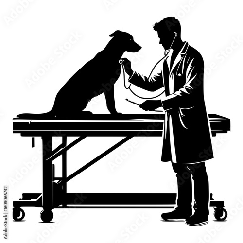 Veterinarian examining a dog on an examination table with a stethoscope
