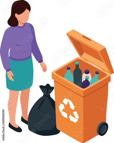 Woman disposing recycling bottles in orange trash bin with black bag vector illustration
