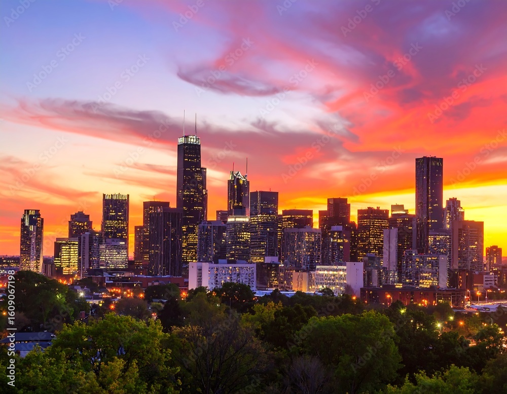 Obraz premium City skyline at vibrant sunset. Buildings illuminated against a fiery sky