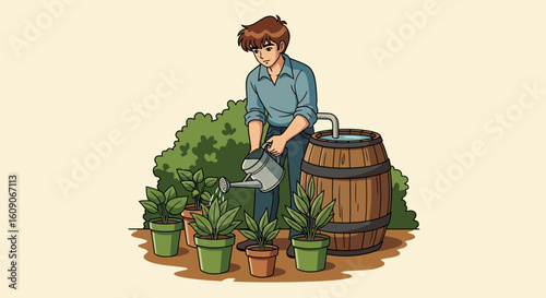 Cartoon man watering potted plants with a watering can near a rain barrel