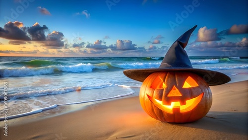 Lit Jack-o'-lantern in witch's hat on beach at sunset; Halloween coastal scene.