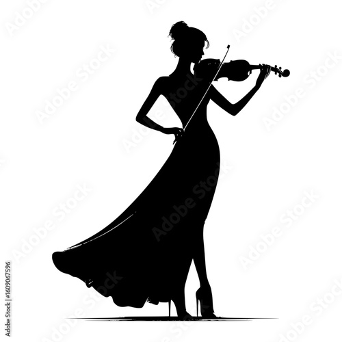 Elegant silhouette of a woman playing the violin in a flowing dress
