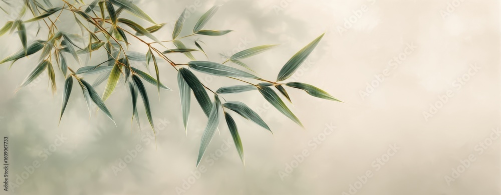 Fototapeta premium The bamboo leaves gently sway against a serene, soft background.