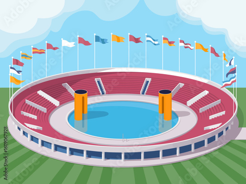 Stadium Illustration with International Flags Vector Graphics Design for Sporting Events and Global Competitions