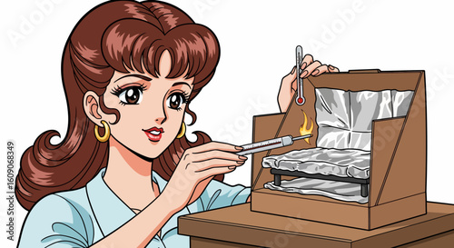 Cartoon woman conducting a flammability test with a cardboard box and thermometers
