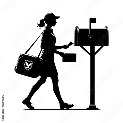 Silhouette of a female postal worker delivering mail to a mailbox