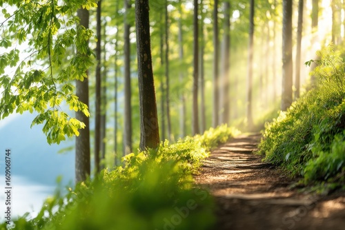 Fototapeta Naklejka Na Ścianę i Meble -  A sunlit forest path with tall trees and lush greenery, bathed in warm, golden light filtering through the leaves on a peaceful day.