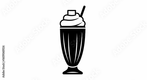 Classic Black and White Milkshake with Whipped Cream and Straw.