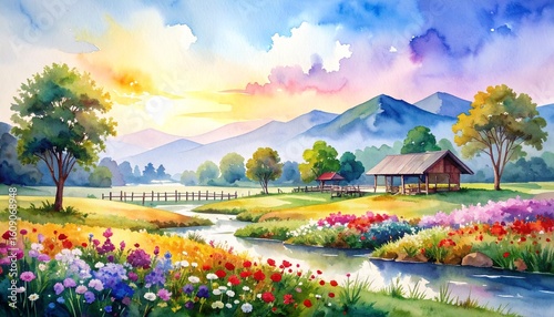A serene watercolor landscape painting of a peaceful river flowing through a lush, green mountain valley