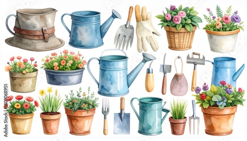 A collection of watercolor gardening tools including a watering can, spade, and plant pots