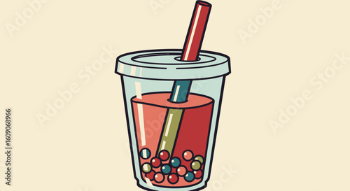 Colorful Boba Tea Cup with Straw and Tapioca Pearls Illustration