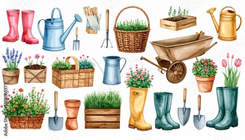 A collection of watercolor gardening tools including a watering can, spade, and plant pots