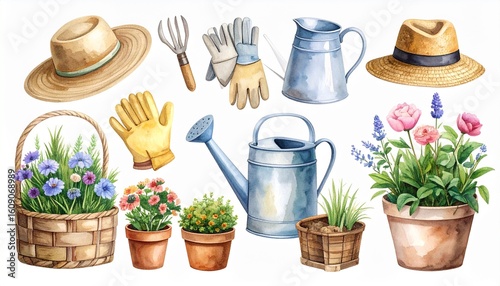 A collection of watercolor gardening tools including a watering can, spade, and plant pots