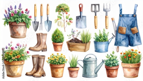 A collection of watercolor gardening tools including a watering can, spade, and plant pots