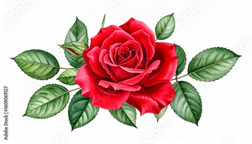 A beautiful watercolor painting of a vibrant red rose with rich, detailed petals and lush green leaves