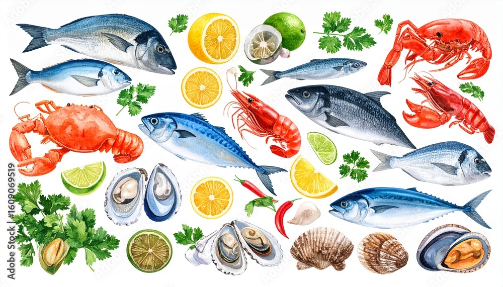 Fototapeta premium A collection of fresh seafood and citrus slices in a vibrant watercolor style, including various types of fish and lemons