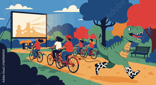 Cyclists and a Dinosaur Enjoying an Outdoor Cinema Experience Together